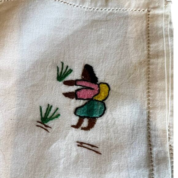 Indigenous People Hand Embroidered Hemstitch Linen Cocktail Napkins - Picture 3 of 6
